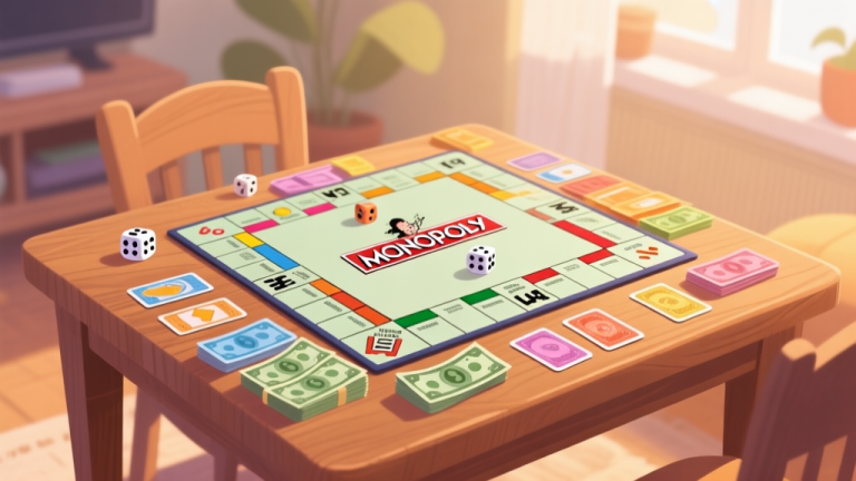 自动生成图片: A cozy, inviting scene of a Monopoly board game set up on a wooden table, with soft natural lighting, dice, property cards, and colorful money neatly arranged, in a warm and friendly illustration style high quality illustration, detailed, 16:9