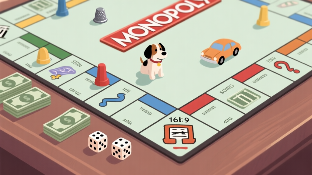 A top-down view of a Monopoly board in soft, muted colors, with game pieces like the thimble, dog, and car placed on different properties, money stacks nearby, and dice in the foreground, flat illustration style high quality illustration, detailed, 16:9