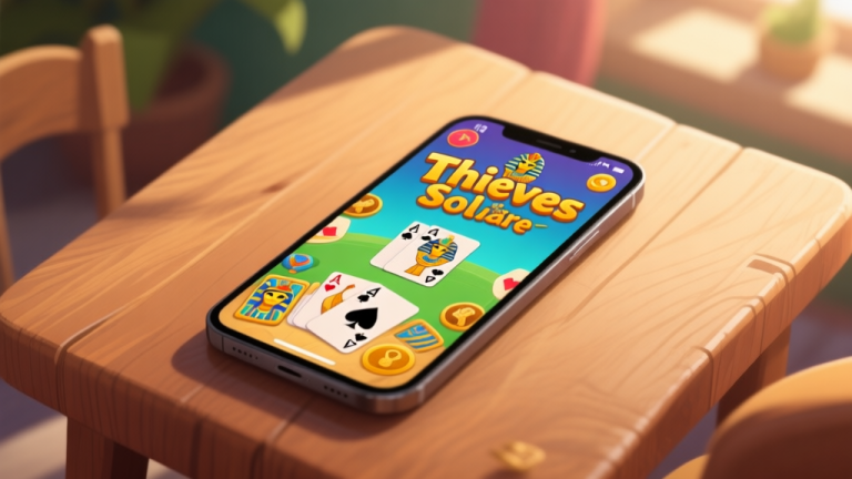 自动生成图片: A cozy, inviting scene of a smartphone on a wooden table, displaying the vibrant and colorful game interface of Thieves of Egypt Solitaire, with cards and Egyptian-themed icons visible, soft natural lighting high quality illustration, detailed, 16:9