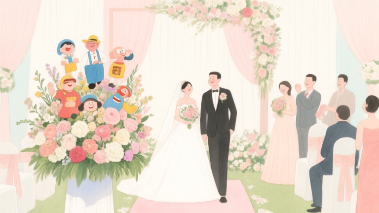 自动生成图片: A joyful and elegant wedding scene with a mix of traditional flower arrangements and one standout humorous arrangement featuring playful figurines, soft pastel color palette, watercolor style high quality illustration, detailed, 16:9