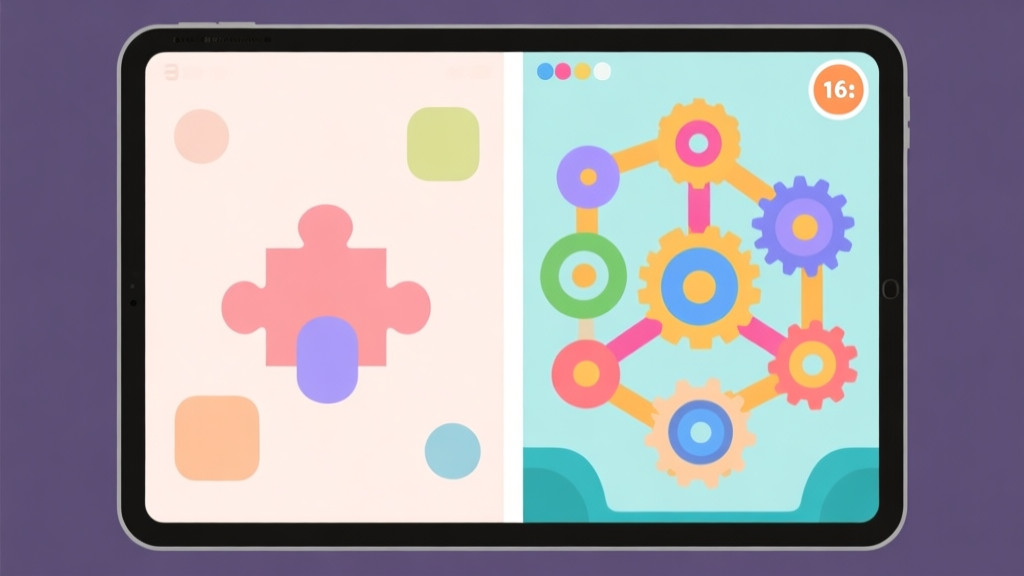 A split-screen illustration showing contrasting puzzle game aesthetics on a tablet screen. Left side shows minimalist shapes and soft colors, right side shows vibrant, interconnected nodes and gears, all in a flat design style with a soft color palette high quality illustration, detailed, 16:9