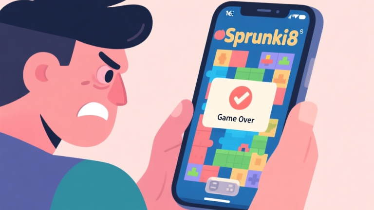 自动生成图片: A frustrated gamer looking at a smartphone screen showing a complex Sprunki8 puzzle level, with a "Game Over" message, soft pastel color palette, flat illustration style high quality illustration, detailed, 16:9