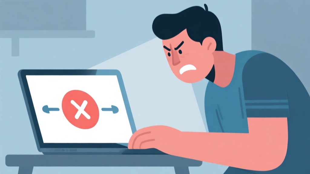 A frustrated gamer looking at a laptop screen showing a connection error symbol, with a soft, muted color palette of blues and grays, flat illustration style high quality illustration, detailed, 16:9