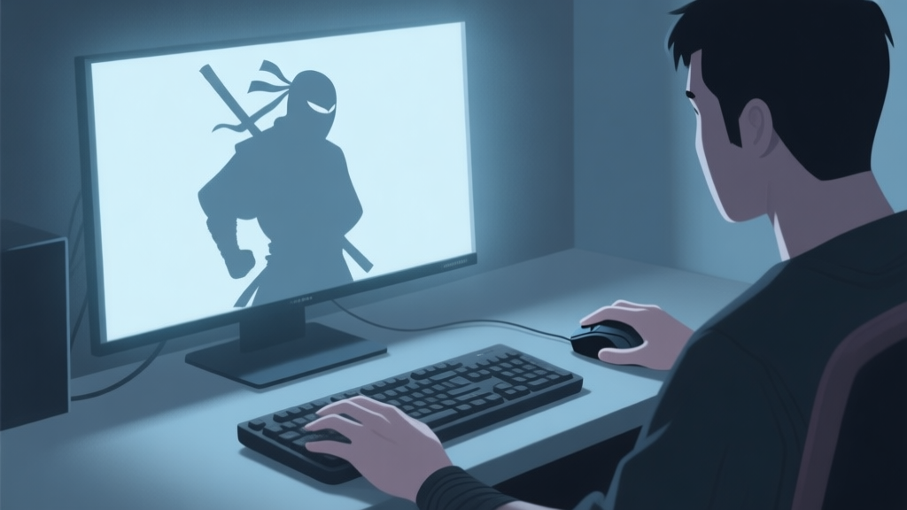 A calm, focused gamer's hands on a keyboard and mouse in a dimly lit room, with a soft glow from the monitor displaying a ninja silhouette, minimalist style with muted blue and grey tones high quality illustration, detailed, 16:9