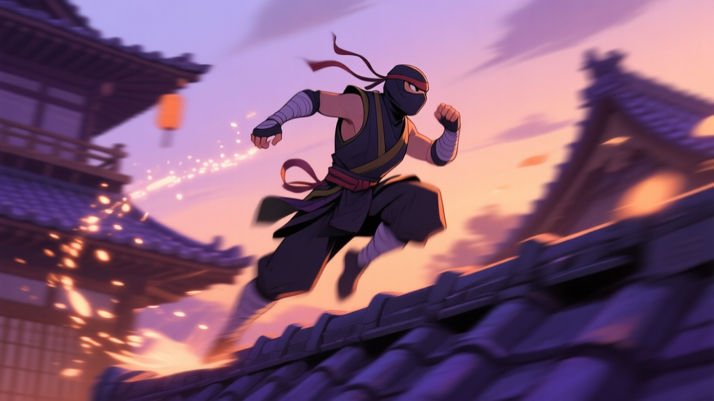 A ninja character in a dynamic, blurred motion pose, dashing through a traditional Japanese rooftop environment at dusk, leaving a trail of light particles, soft purple and orange color scheme, anime-inspired game art style high quality illustration, detailed, 16:9