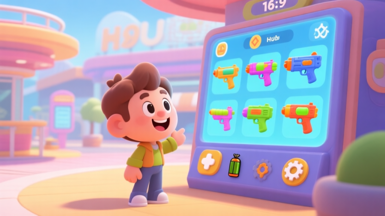 自动生成图片: A cheerful game character standing in a vibrant hub area, looking at different water gun options on a display screen, with clear icons for controls, ammo, and settings in the background, cartoon style with soft colors high quality illustration, detailed, 16:9