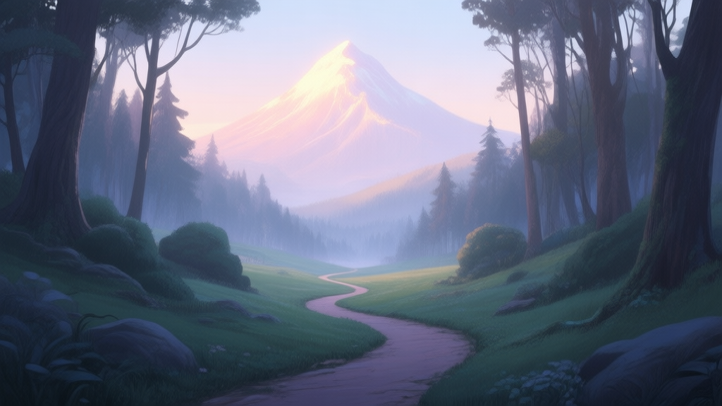 A serene, painterly landscape of a winding path through a mystical forest, leading towards a distant, glowing mountain peak, soft morning light, pastel color palette high quality illustration, detailed, 16:9