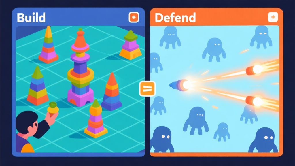 A split-screen game illustration showing the 'Build' phase on the left with a player placing colorful, abstract towers on a grid, and the 'Defend' phase on the right with glowing projectiles firing at minimalist enemy swarms, soft blue and orange color scheme high quality illustration, detailed, 16:9