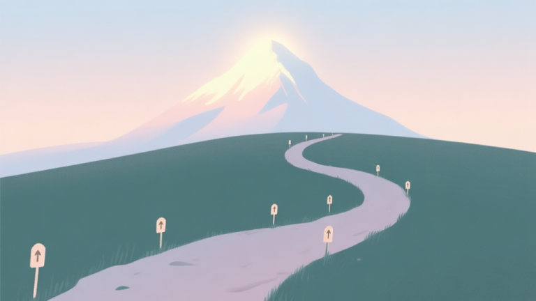 自动生成图片: A serene, minimalist illustration of a winding path leading towards a distant, glowing mountain peak, with small milestones marked along the way, in a soft pastel color palette high quality illustration, detailed, 16:9