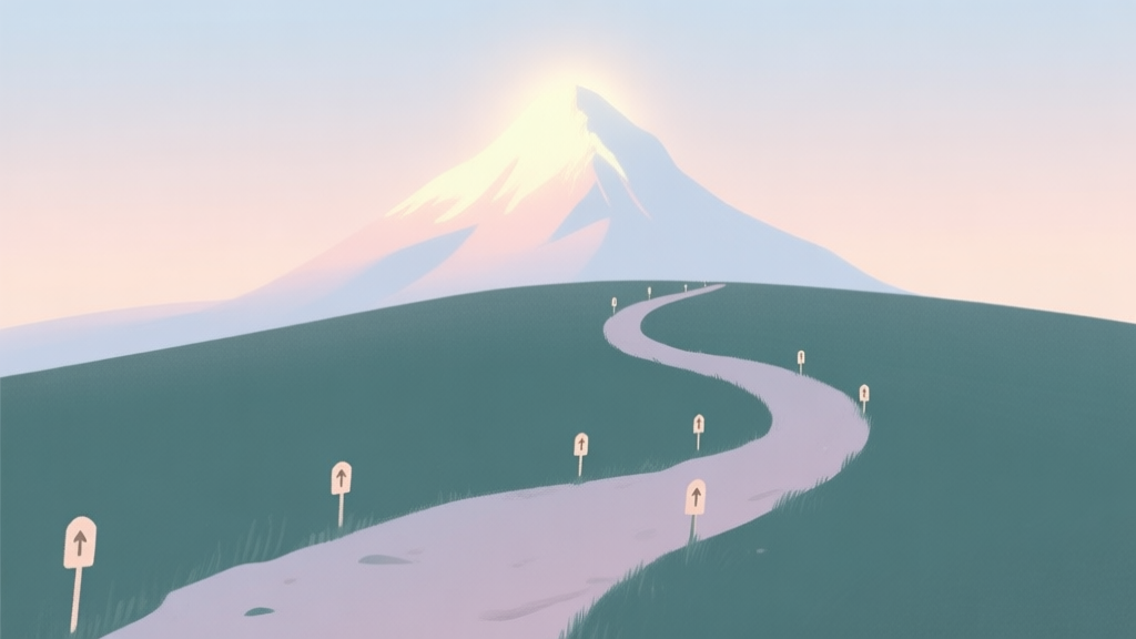 A serene, minimalist illustration of a winding path leading towards a distant, glowing mountain peak, with small milestones marked along the way, in a soft pastel color palette high quality illustration, detailed, 16:9