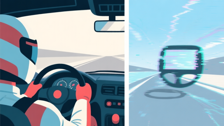 自动生成图片: Split-screen illustration showing a focused racer's view on one side and a disrupted, glitchy screen with a slight steering wobble on the other, in a soft color palette of blues and greys high quality illustration, detailed, 16:9