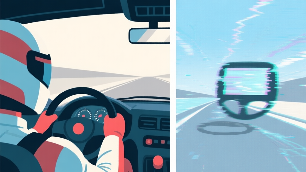 Split-screen illustration showing a focused racer's view on one side and a disrupted, glitchy screen with a slight steering wobble on the other, in a soft color palette of blues and greys high quality illustration, detailed, 16:9