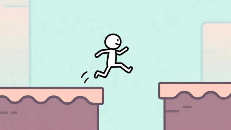 自动生成图片: A minimalist side-scrolling game scene with a simple stickman character mid-jump over a low obstacle, soft pastel background, clean lines, conveying a beginner's challenge high quality illustration, detailed, 16:9