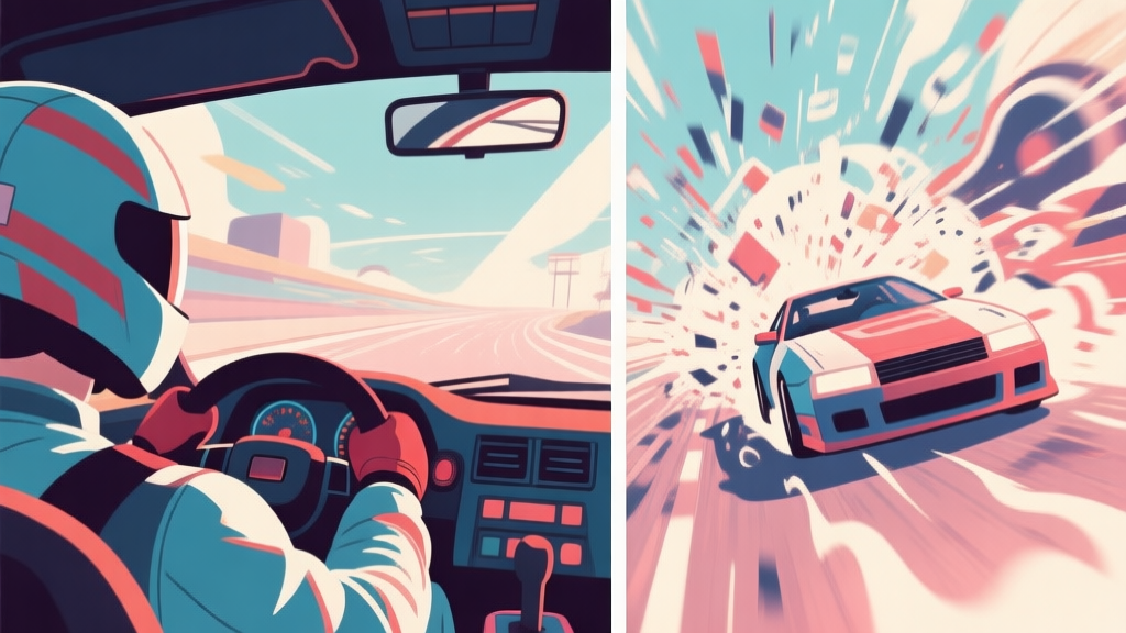 Dynamic split-screen illustration showing a focused racer's view contrasted with chaotic visual effects and an unpredictable car, in a stylized arcade racing game aesthetic, soft color palette high quality illustration, detailed, 16:9