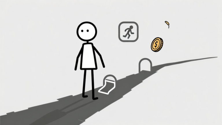 自动生成图片: A minimalist illustration of a stickman character standing at the start of a path, with simple icons representing game mechanics like a jump symbol, a slide symbol, and a coin floating nearby, on a clean light grey background high quality illustration, detailed, 16:9