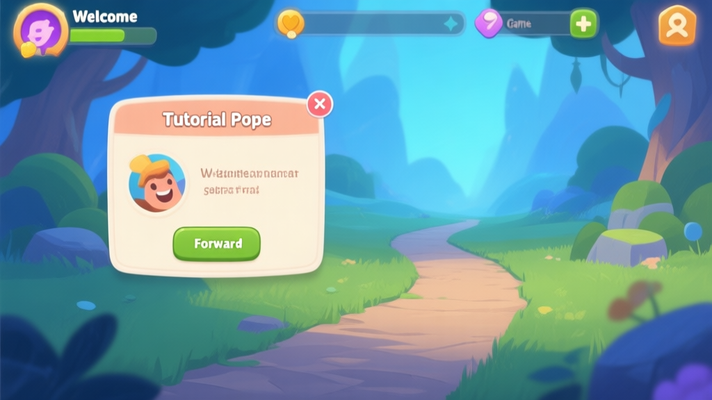 A welcoming, softly lit game interface for a fantasy mobile game, showing a friendly tutorial pop-up and a simple path forward, in a gentle color palette of blues and greens high quality illustration, detailed, 16:9