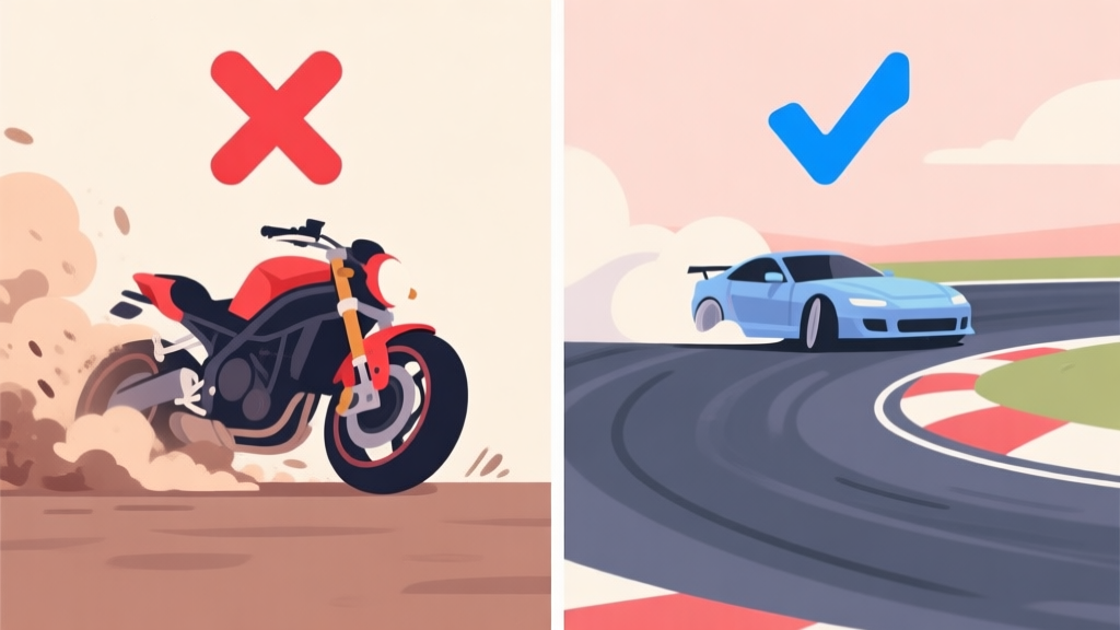 Side-by-side comparison illustration: left side shows a motorcycle spinning out in a cloud of dust with a red "X", right side shows a smooth, controlled drift with a blue checkmark, using a flat design style with soft colors high quality illustration, detailed, 16:9