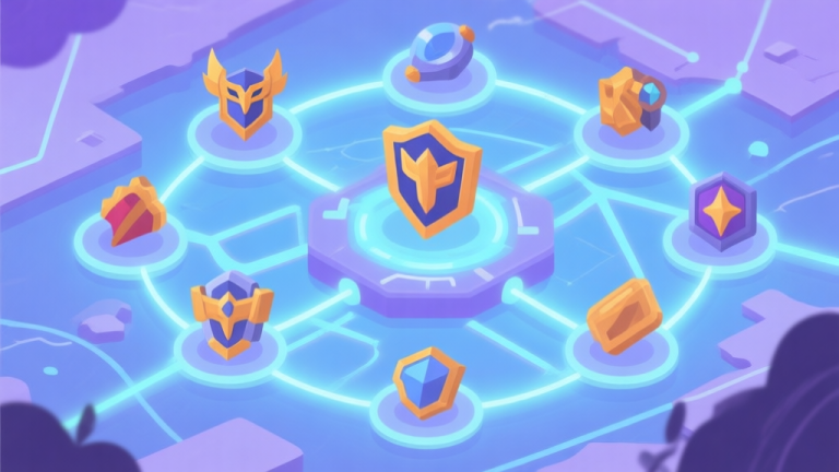自动生成图片: A conceptual illustration of a game meta ecosystem, showing interconnected icons of heroes, items, and strategy maps with glowing lines, in a soft blue and purple color scheme, flat design high quality illustration, detailed, 16:9