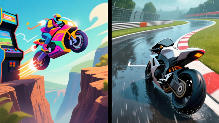 自动生成图片: Split-screen illustration contrasting arcade and simulation motorcycle games. Left side: vibrant, stylized bike jumping over a canyon with boost trails. Right side: detailed, realistic motorcycle leaning into a corner on a rain-slicked race track, with precise racing line. high quality illustration, detailed, 16:9