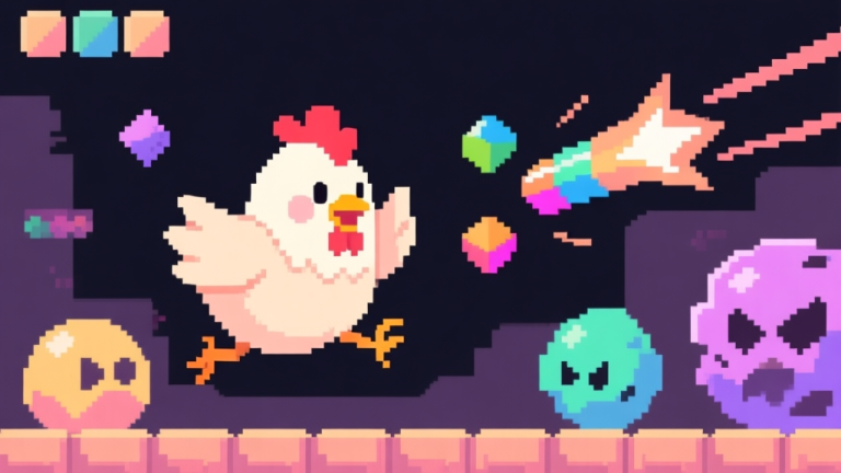 自动生成图片: A cute, determined chicken character in a pixel-art style game scene, dodging colorful geometric projectiles and enemy blobs on a dark background, soft pastel colors, dynamic action shot high quality illustration, detailed, 16:9
