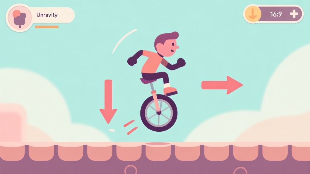 A stylized, minimalist game UI screenshot showing a unicycle character mid-jump, with visual arrows indicating forces like gravity (downward arrow) and momentum (forward arrow), in a soft pastel color palette high quality illustration, detailed, 16:9