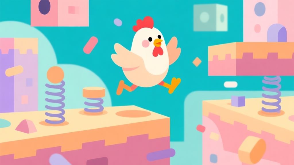 A cute, stylized chicken character mid-jump in a chaotic, colorful level with springs and obstacles, soft pastel color palette, minimalist geometric shapes, flat design style high quality illustration, detailed, 16:9