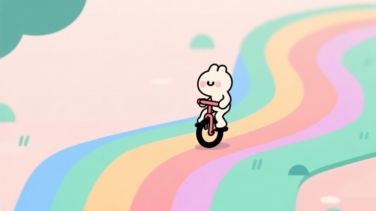 自动生成图片: A charming, minimalist 2D game scene of a cartoon character wobbling on a unicycle on a colorful, abstract path, soft pastel colors, clean lines, conveying both challenge and fun high quality illustration, detailed, 16:9