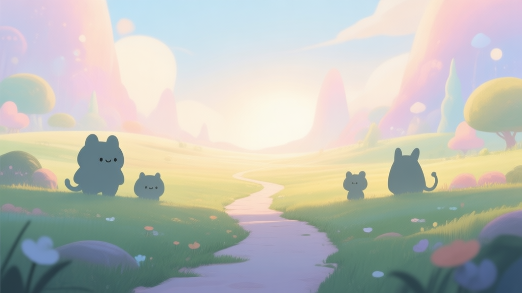 A welcoming, soft-colored landscape in a magical world with a few cute, simple creature silhouettes in the distance, a clear path leading forward, morning light atmosphere high quality illustration, detailed, 16:9