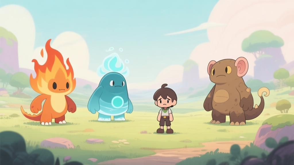 A serene, illustrated landscape of the Magikmon world showing three distinct elemental monsters - a fiery creature, a watery one, and an earthen one - standing apart, with a confused player character in the middle, soft pastel color palette high quality illustration, detailed, 16:9