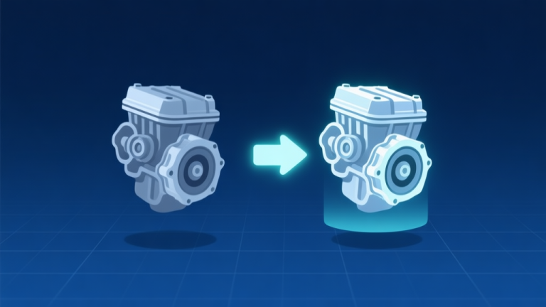 自动生成图片: A minimalist game interface showing two identical low-level car engine parts floating, with a soft glowing arrow pointing to a single, slightly more detailed and shiny engine part, on a clean dark blue background with subtle grid lines high quality illustration, detailed, 16:9