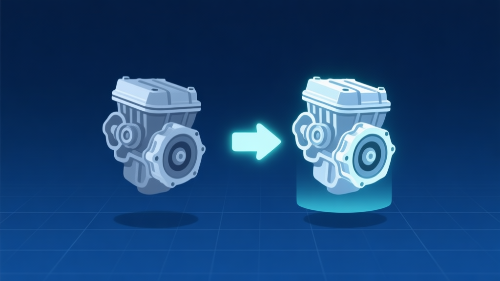 A minimalist game interface showing two identical low-level car engine parts floating, with a soft glowing arrow pointing to a single, slightly more detailed and shiny engine part, on a clean dark blue background with subtle grid lines high quality illustration, detailed, 16:9