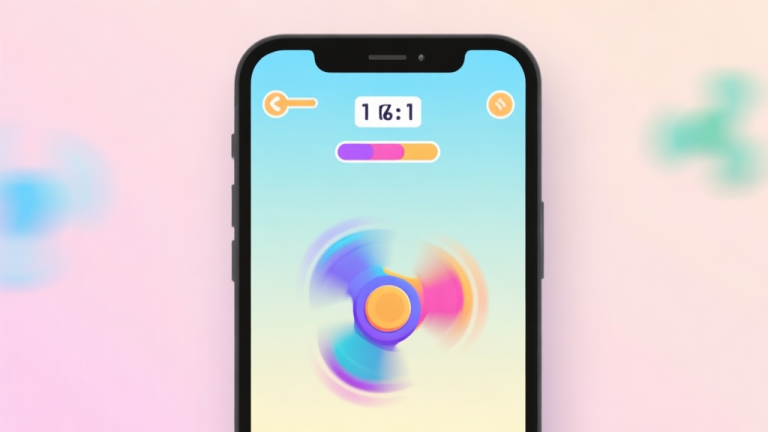 自动生成图片: A stylized, minimalist smartphone screen showing a vibrant fidget spinner game interface, with a high score counter prominently displayed, soft pastel background with subtle motion blur effects high quality illustration, detailed, 16:9