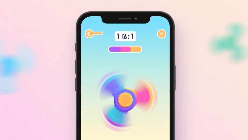 A stylized, minimalist smartphone screen showing a vibrant fidget spinner game interface, with a high score counter prominently displayed, soft pastel background with subtle motion blur effects high quality illustration, detailed, 16:9