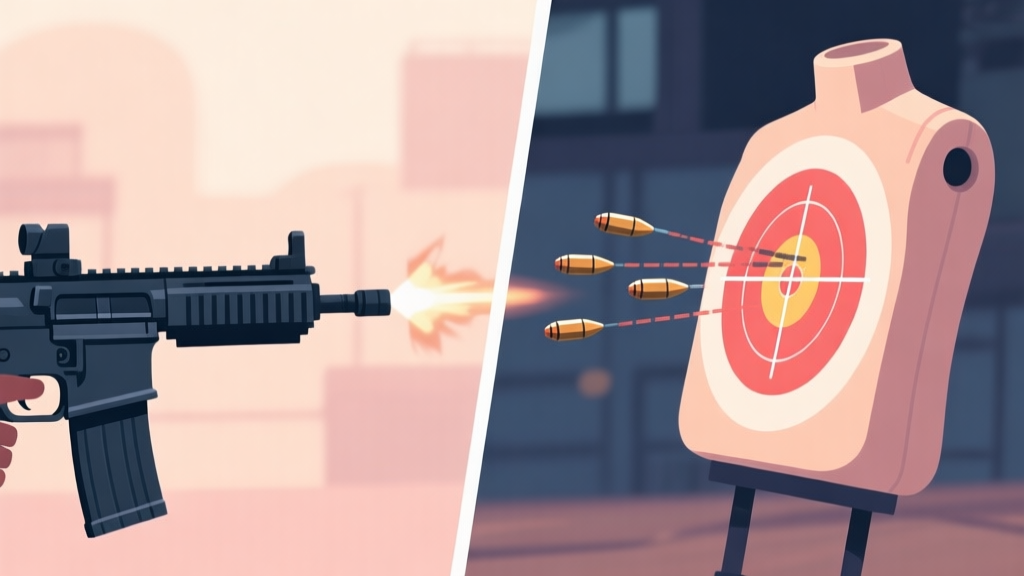 Side-by-side comparison of controlled vs uncontrolled weapon spray in an FPS game, visualized with bullet tracers and crosshair movement on a target dummy, soft color palette, flat design style high quality illustration, detailed, 16:9