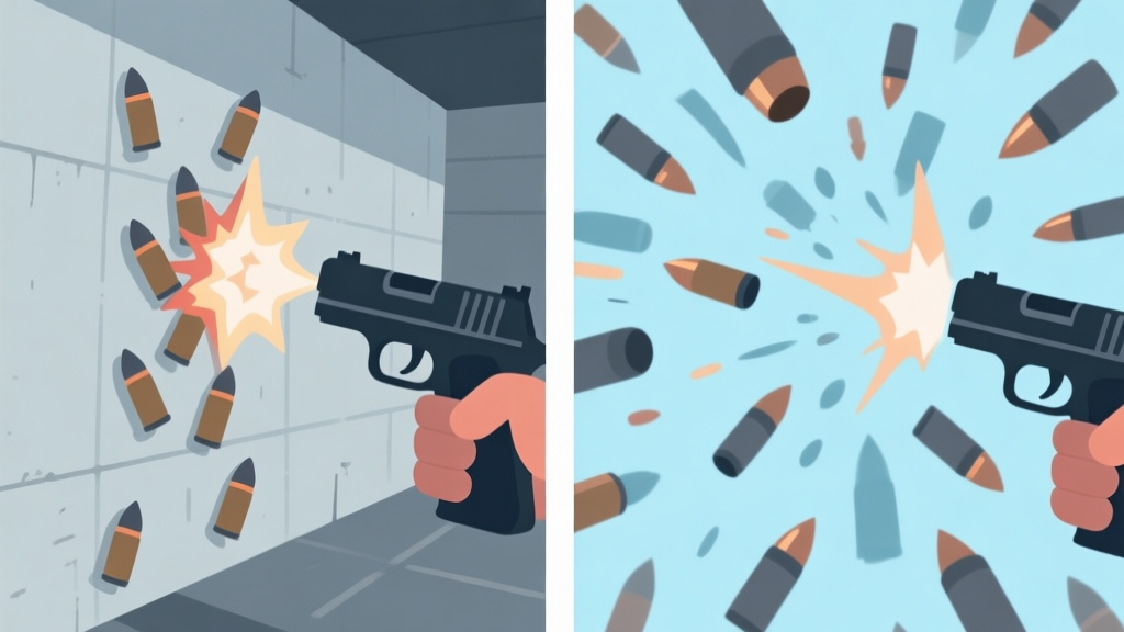 Split-screen illustration comparing two types of gun recoil in video games. Left side shows a predictable, repeating pattern of bullet impacts on a wall. Right side shows a chaotic, random spread of bullet impacts. Soft color palette with blues and grays, flat design style. high quality illustration, detailed, 16:9