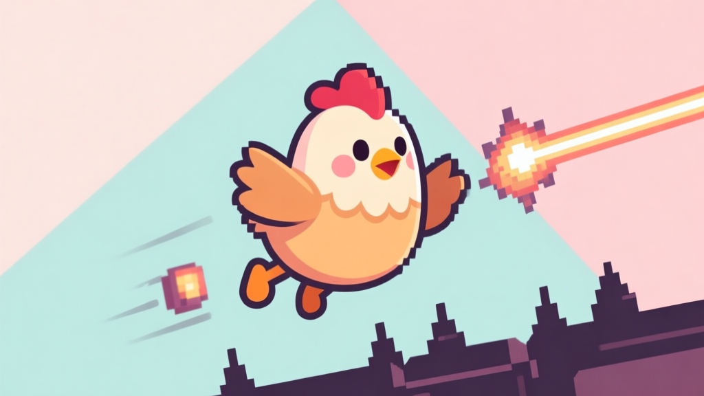 A stylized, cute chicken character from a mobile game mid-flight, dodging pixelated lasers and spikes, with a look of determined focus, set against a simple geometric background in pastel colors high quality illustration, detailed, 16:9