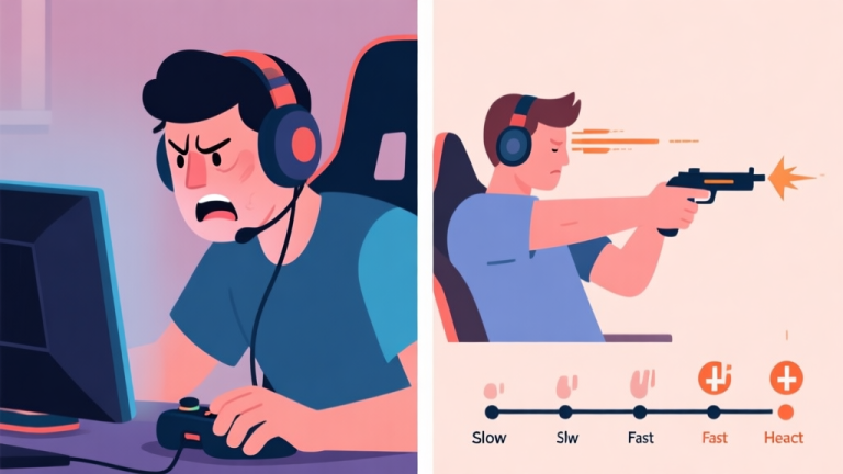 自动生成图片: A split-screen illustration showing a frustrated gamer on one side and a calm, focused gamer hitting precise headshots on the other, with a visual timeline comparing slow versus fast reaction moments, in a soft color palette high quality illustration, detailed, 16:9