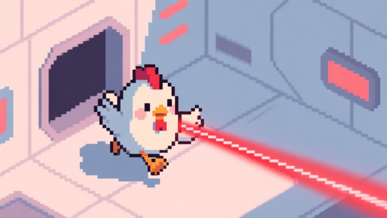 自动生成图片: A cute, pixel-art style chicken character in a minimalist geometric spaceship interior, dodging a slow-moving red laser beam, soft pastel color palette, top-down perspective high quality illustration, detailed, 16:9