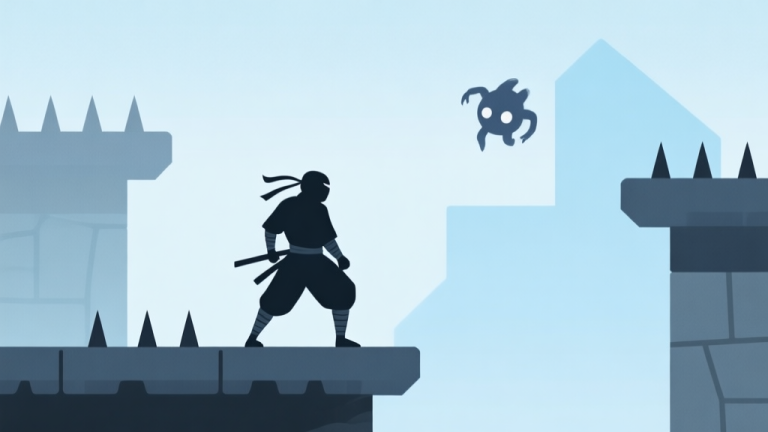 自动生成图片: A minimalist side-scrolling game scene with a ninja silhouette standing on a platform, facing simple geometric obstacles like spikes and a floating enemy, soft color palette of blues and greys, flat design style high quality illustration, detailed, 16:9