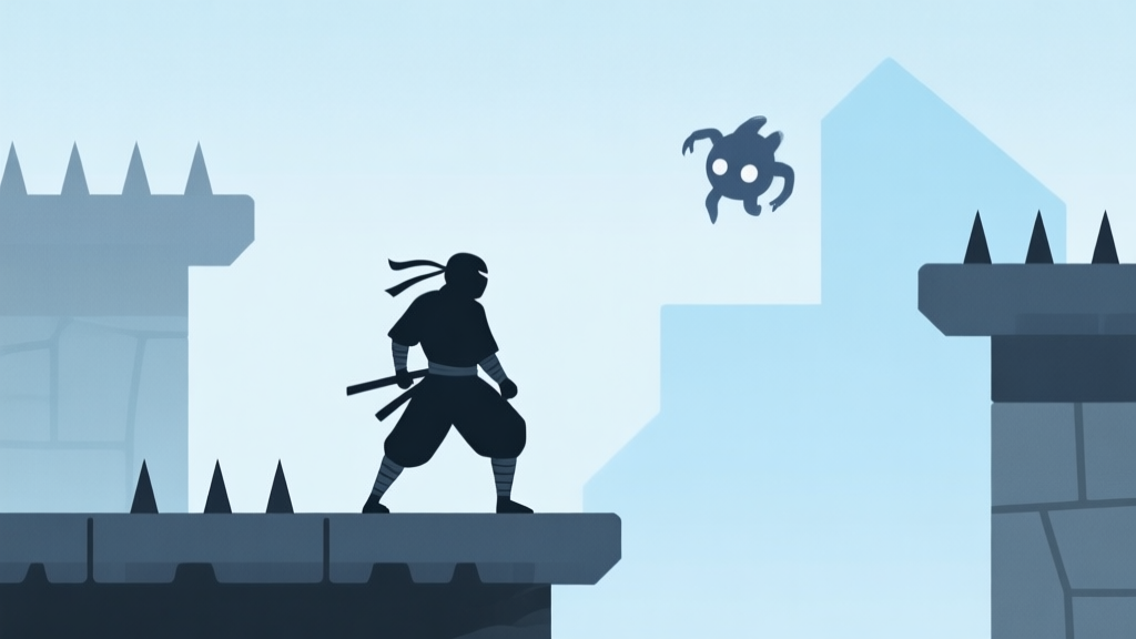 A minimalist side-scrolling game scene with a ninja silhouette standing on a platform, facing simple geometric obstacles like spikes and a floating enemy, soft color palette of blues and greys, flat design style high quality illustration, detailed, 16:9