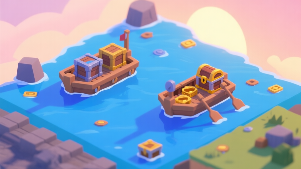 A calm, isometric view of a Raft Wars 2 game scene with two rafts on blue water, crates and treasure chests scattered, soft sunset lighting, pastel color palette, flat design style high quality illustration, detailed, 16:9