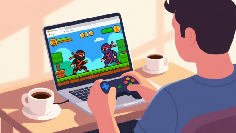 自动生成图片: A casual gamer playing a colorful 2D ninja game on a laptop browser during a coffee break, soft afternoon lighting, relaxed atmosphere, flat illustration style high quality illustration, detailed, 16:9