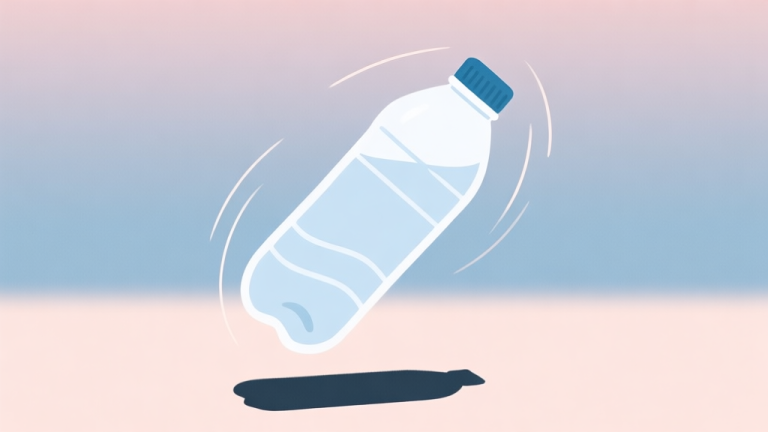 自动生成图片: A simple, clean illustration of a water bottle in mid-air rotation against a soft pastel background, with subtle motion lines and a shadow below, flat design style high quality illustration, detailed, 16:9