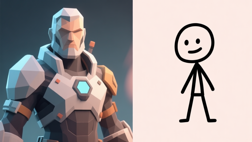 A split-screen illustration showing a detailed, high-polygon video game character on one side and a simple, expressive stick figure character on the other, highlighting the contrast in complexity with a soft, minimalist background high quality illustration, detailed, 16:9