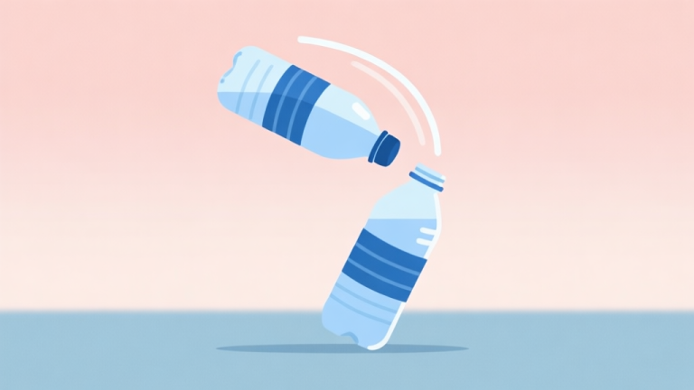自动生成图片: A simple, satisfying loop animation of a water bottle flipping through the air in a clean arc and landing perfectly upright, against a soft pastel background, minimalist flat design high quality illustration, detailed, 16:9