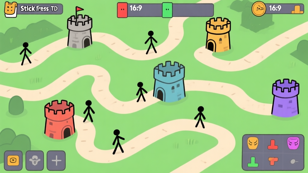 Game screenshot style of a Stick Fortress TD level overview, showing multiple winding paths, different tower types placed at key points, and stick figure enemies approaching, in a minimalist stick-figure art style with a clear color-coded tower interface high quality illustration, detailed, 16:9