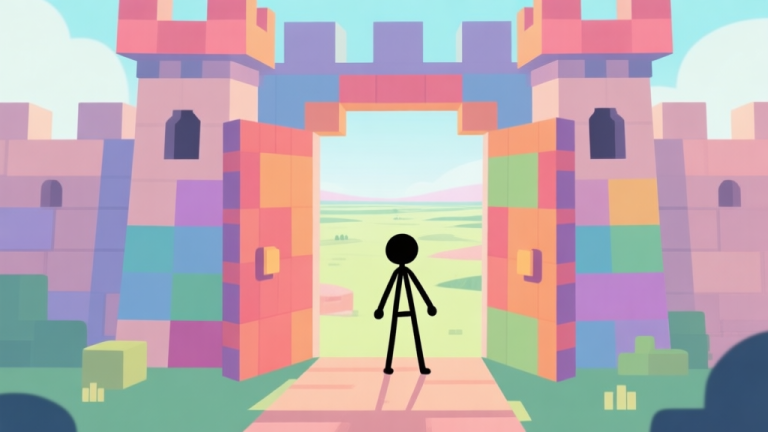 自动生成图片: A welcoming scene of a simple stick figure character standing at the entrance of a colorful, blocky fortress, looking out at a vast, minimalist game landscape with soft pastel colors, flat design style high quality illustration, detailed, 16:9