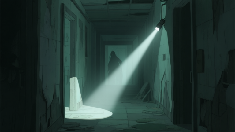 自动生成图片: A dark, atmospheric game corridor with a single beam of light from a flashlight cutting through the gloom, revealing hints of decay and something lurking in the shadows, soft color palette with muted greens and grays high quality illustration, detailed, 16:9