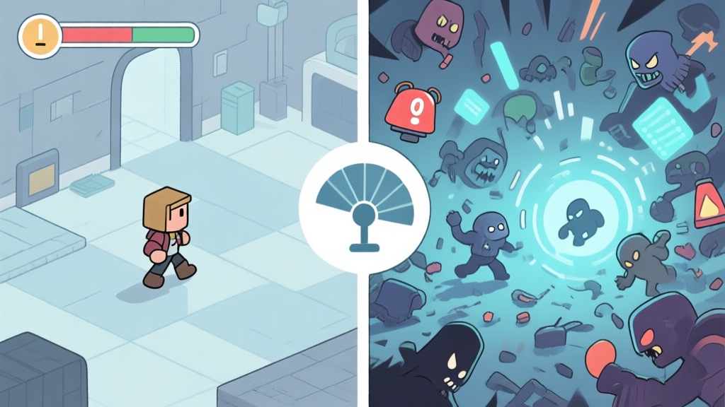 A split-screen illustration showing a calm, orderly game scene on the left (like a character exploring) and a chaotic scene on the right (with alarms, enemies, and visual effects), connected by a central fan symbol, in a soft color palette with muted blues and grays high quality illustration, detailed, 16:9