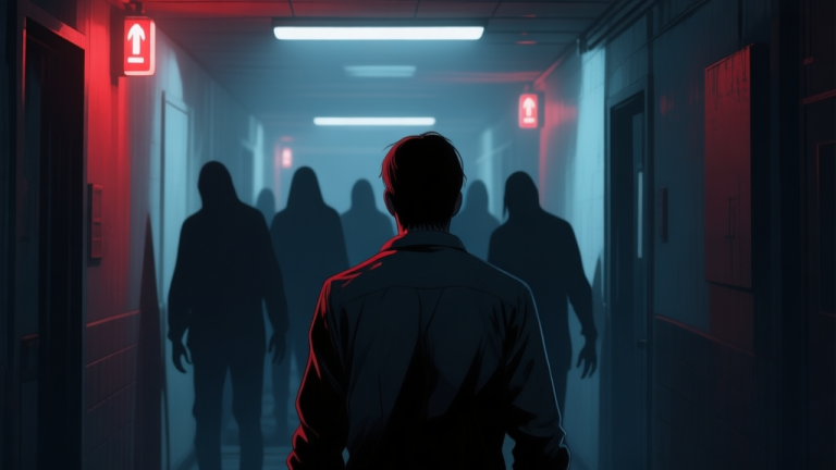 自动生成图片: A tense, atmospheric scene from a third-person perspective in a dimly lit corridor, soft glow from emergency lights, a character's back visible as they face multiple shadowy figures, muted color palette with hints of red and dark blue, conveying panic and high stakes high quality illustration, detailed, 16:9